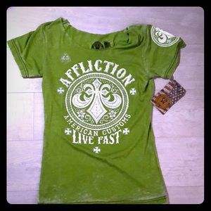 Green Affliction Graphic Tee Sz S rhinestones